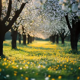 Floral Meadow Under Blossoming Trees