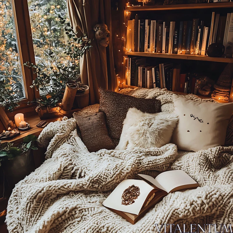 AI ART Warm Winter Reading Corner with Books