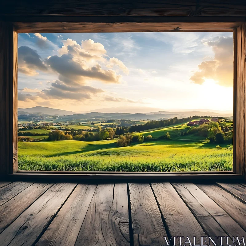 Pastoral Landscape Framed by Rustic Window AI Image