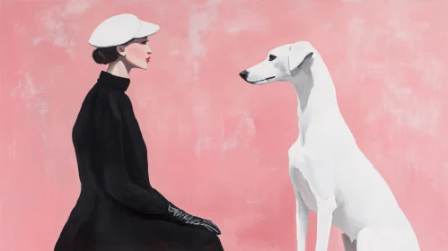 Stylish Woman and White Dog Painting