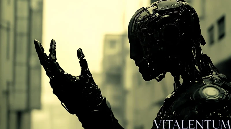 Urban Cyborg Silhouette with Mechanical Details AI Image