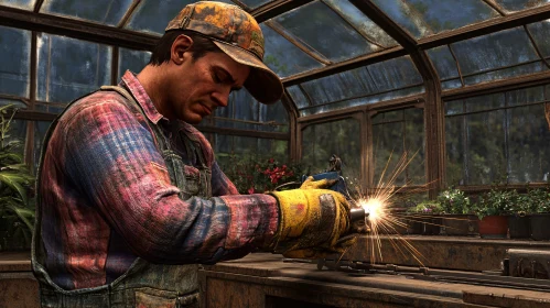 Man Welding in Greenhouse