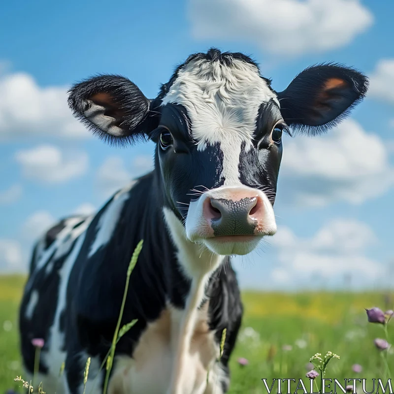 Peaceful Cow Portrait in Green Field AI Image