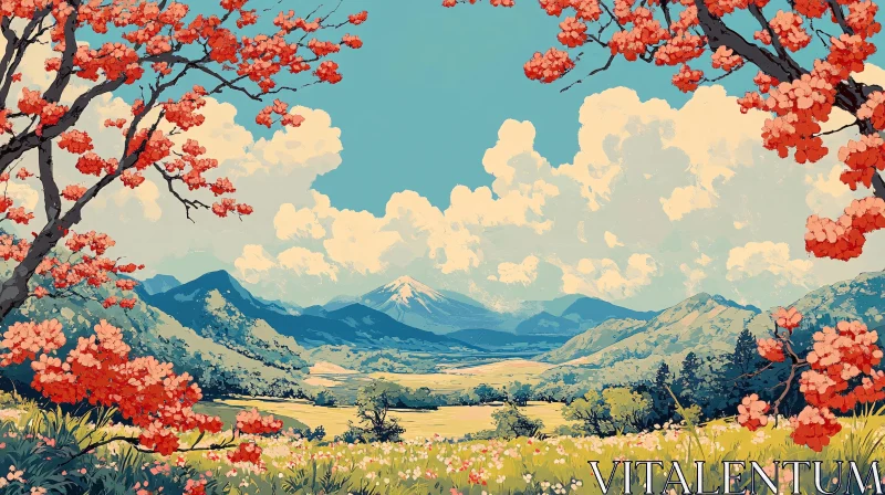 AI ART Scenic Landscape with Blossoming Trees