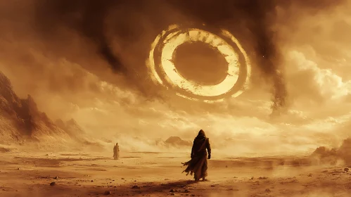 Ochre Wasteland Pilgrims Under Alien Sky