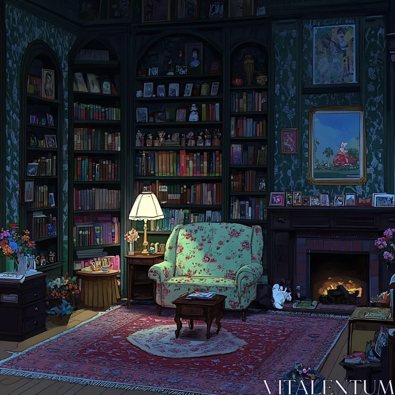 AI ART Comfortable Reading Room with Fireplace