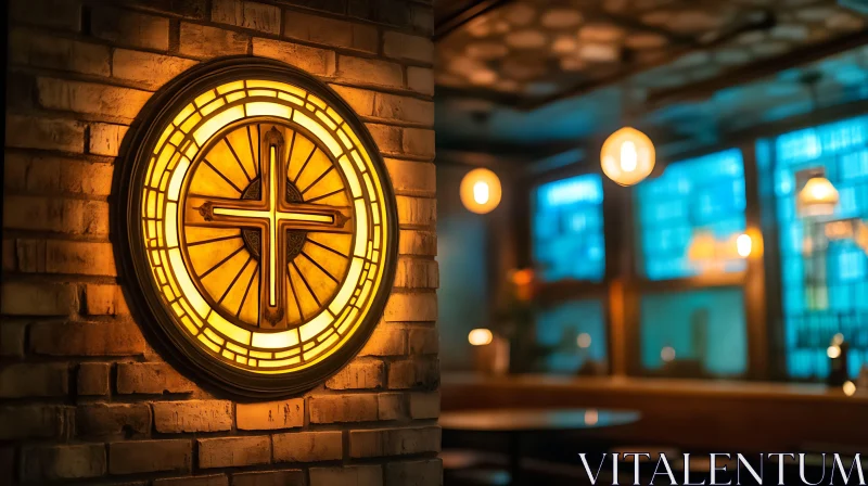 Glowing Cross Window on Brick Wall AI Image