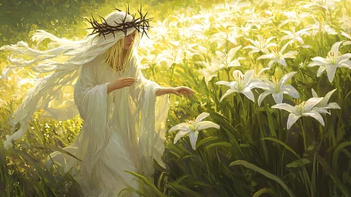 Lady of Lilies in Sunlit Meadow