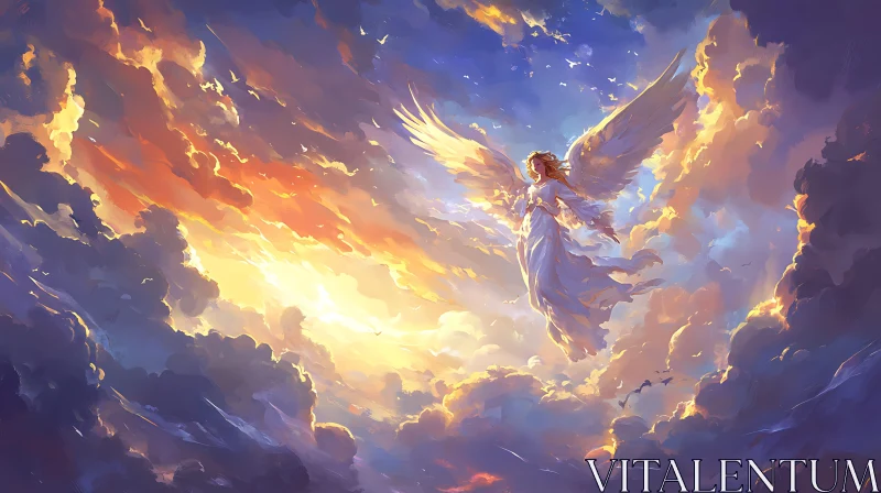 Celestial Angel Soaring Through Golden Clouds AI Image