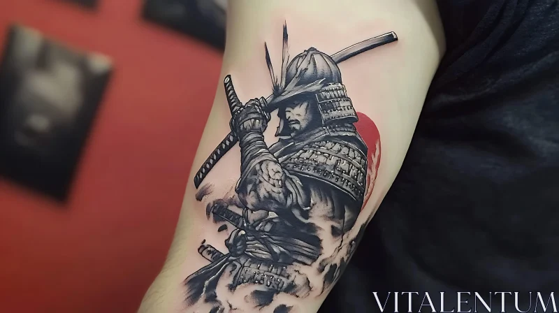 Samurai Arm Tattoo with Red Sun Backdrop AI Image