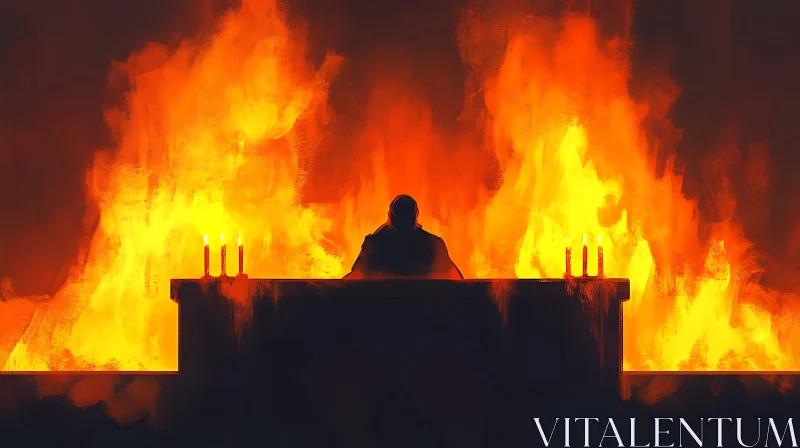 AI ART Silhouette Amidst Flames: Contemplative Scene