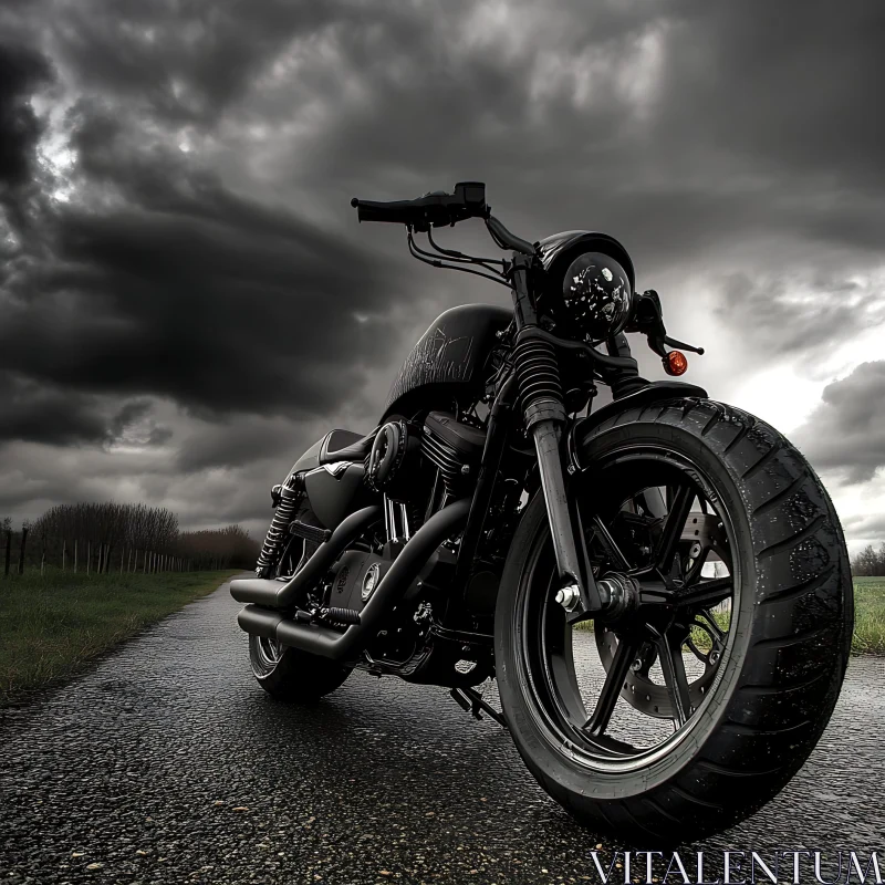 Motorcycle on Asphalt Road with Dark Clouds AI Image