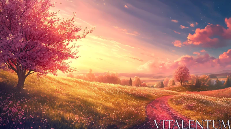 AI ART Tranquil Meadow at Sunset with Pink Blossoms