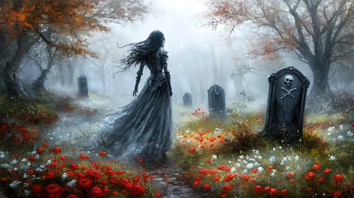 Woman in Misty Graveyard