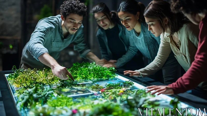 People Examining Plants on an Illuminated Table AI Image