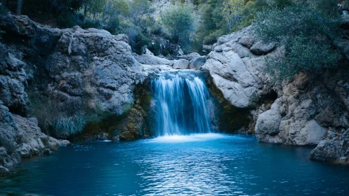 Peaceful Waterfall in Natural Rock Surrounding AI Image