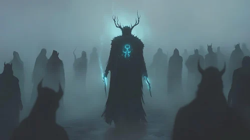 Antlered Figure in Misty Realm