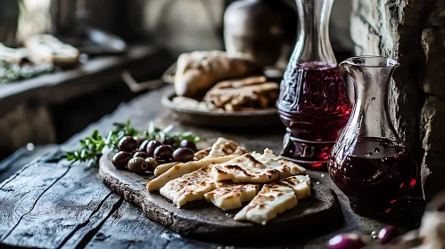 Mediterranean Still Life with Wine and Cheese