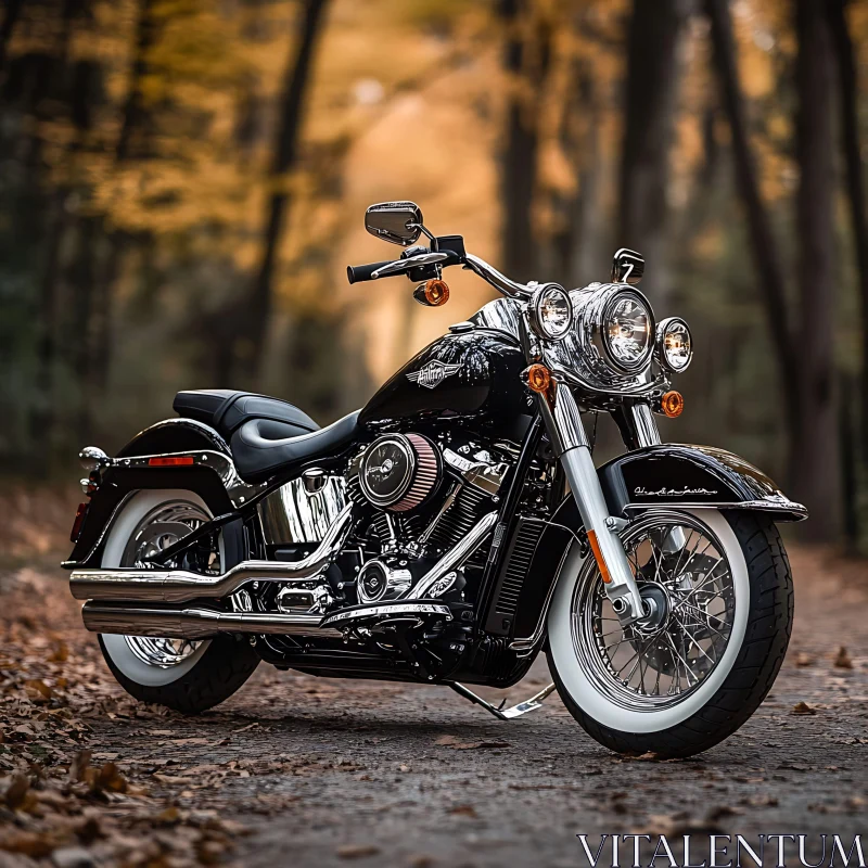 Classic Motorcycle on Forest Road AI Image