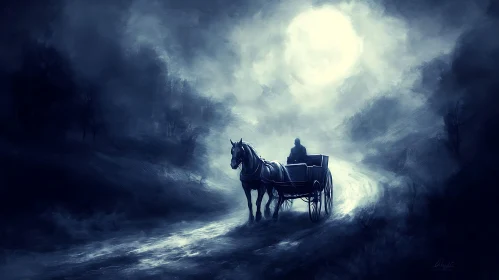 Night Journey: Horse-Drawn Carriage Under Moon