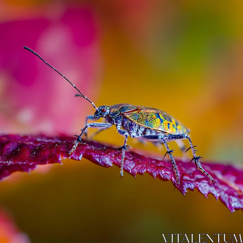 Vivid Beetle Perched on Leaf AI Image