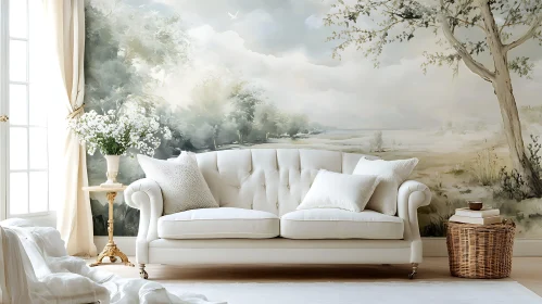 Serene Interior with White Sofa and Mural