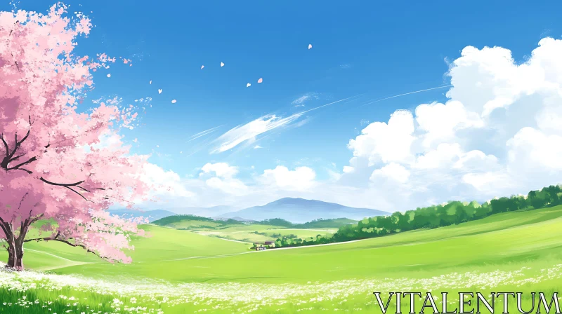 Blooming Tree in Green Field AI Image