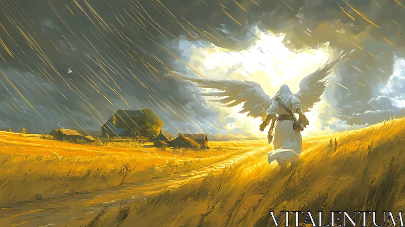 Winged Figure in Rural Landscape AI Image