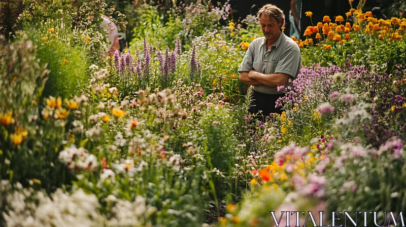 Blooming Flowerbed with Man AI Image