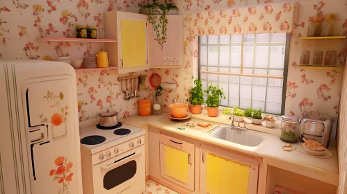 Retro Kitchen with Floral Wallpaper