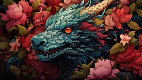 Asian Dragon Amidst Floral Splendor: Intricate Illustration