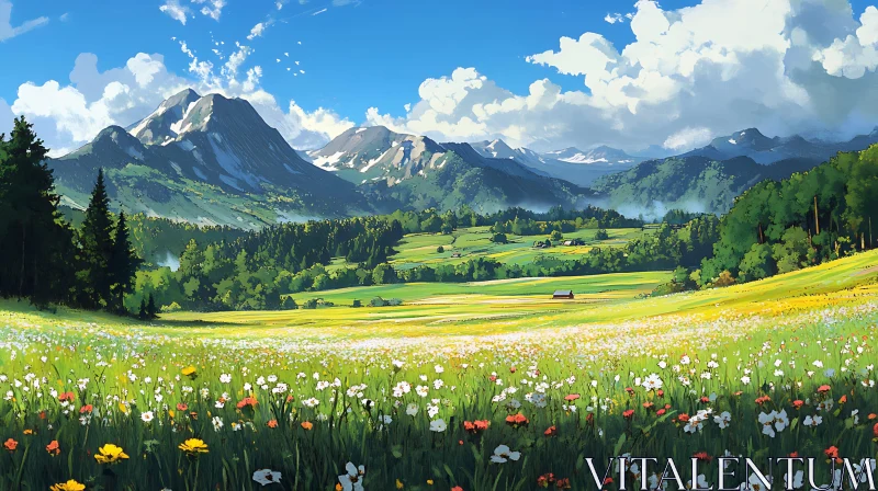 Wildflower Meadow and Mountain Vista AI Image