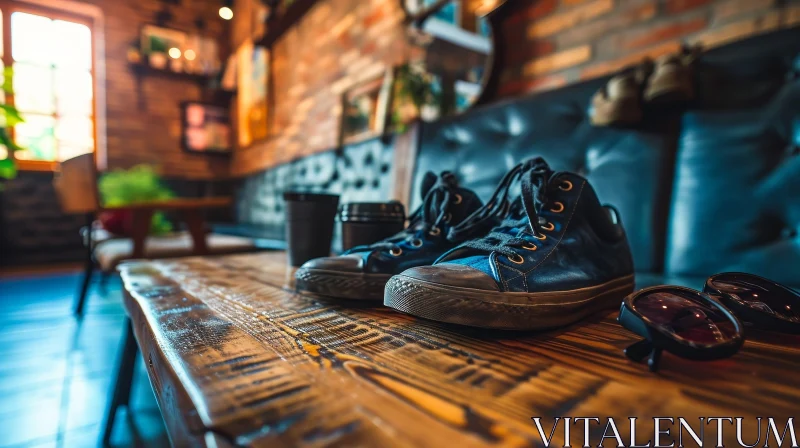 Blue Sneakers and Folded Sunglasses on a Wooden Table in a Cafe AI Image