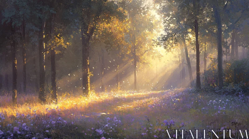 Sunlit Forest with Blooming Flowers AI Image