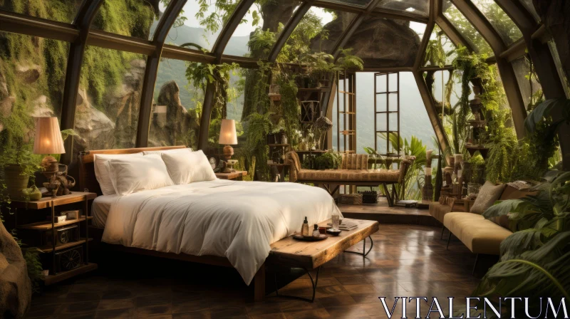 Captivating Bedroom in a Cave with Plants | Mountainous Vistas AI Image