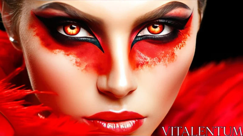 AI ART Captivating Portrait of a Woman with Red Makeup and a Feathered Boa