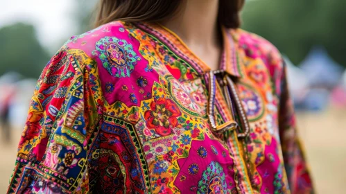 Close-up of a Woman's Shoulder and Arm in a Colorful Floral Shirt