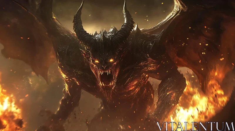 Winged Demon Amidst Flames AI Image