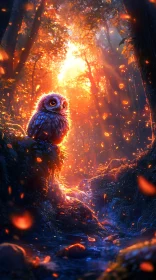 Fairy Tale Owl at Sunset in Forest