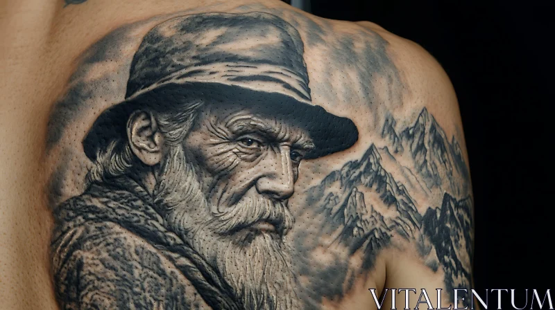 Detailed Realism Tattoo of an Elderly Man with Mountains AI Image