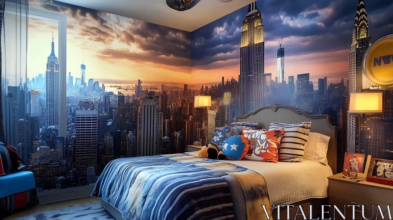 Cityscape Bedroom with Skyline Mural AI Image