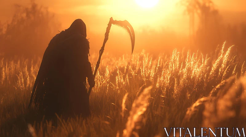 AI ART Cloaked Figure with Scythe at Sunset