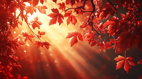 Golden Rays Through Red Fall Leaves