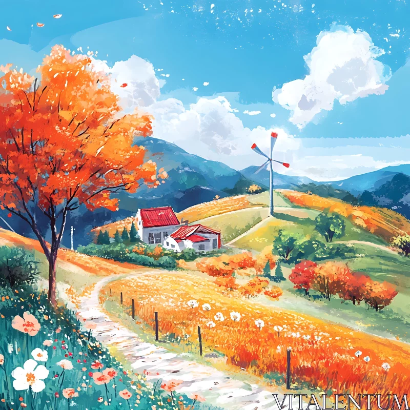 AI ART Idyllic Autumn Scene with House and Windmill