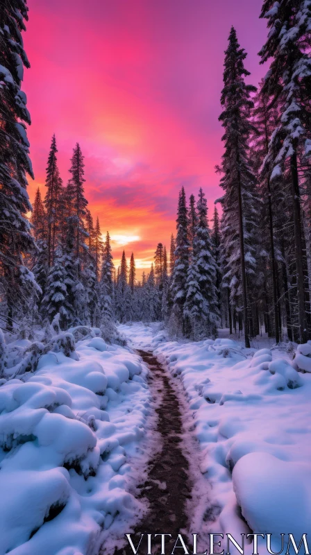 Enchanting Snow-Covered Forest Path at Sunset | Captivating Nature Photography AI Image