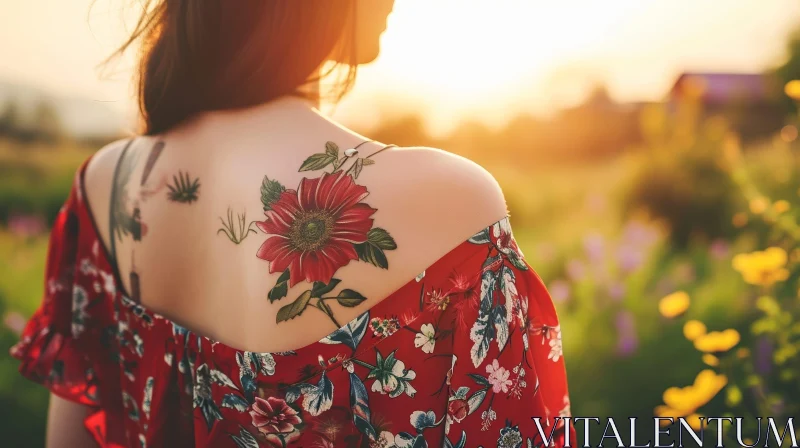 Enchanting Woman in Red Dress amidst a Field of Flowers at Sunset AI Image