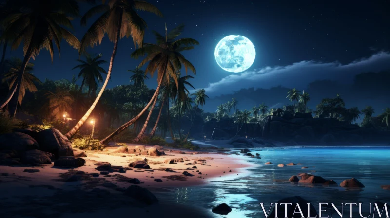 Enigmatic Moonlit Nightscape Over Tropical Ocean AI Image
