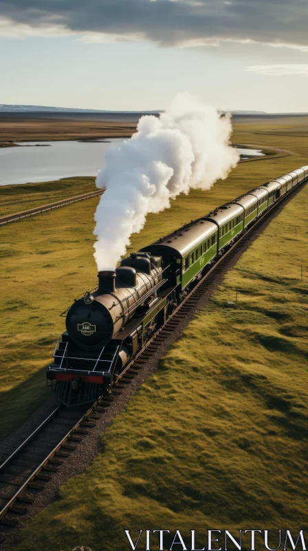 Escape of a Steam Engine Train in Green and Brown Tones AI Image