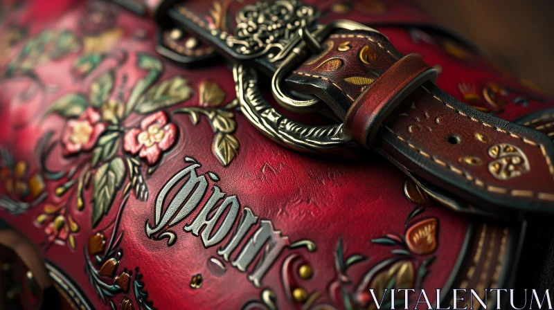 Luxurious Red Leather Bag with Gold Buckle and Floral Tooling AI Image