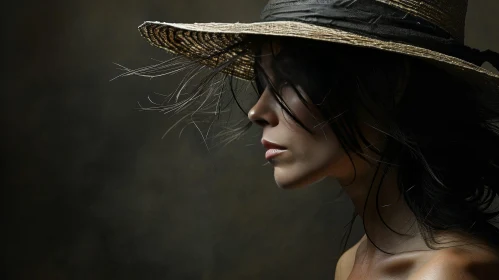 Mysterious Woman in Straw Hat with Black Ribbon - Studio Portrait